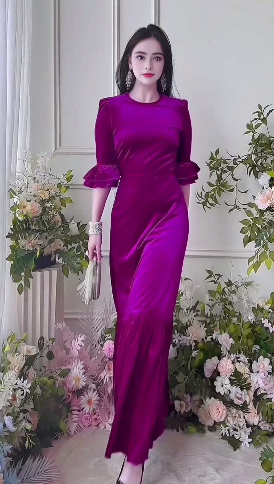 PURPLE VELVET RUFFLE TRIM MAXI DRESS WITH HALF - SLEEVES