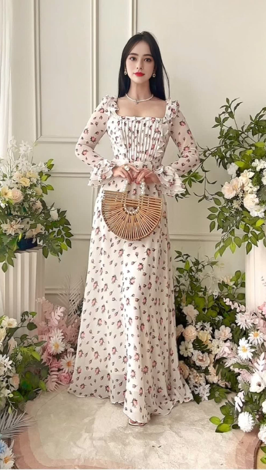 WHITE FLORAL RUFFLED MAXI DRESS WITH SQUARE NECKLINE