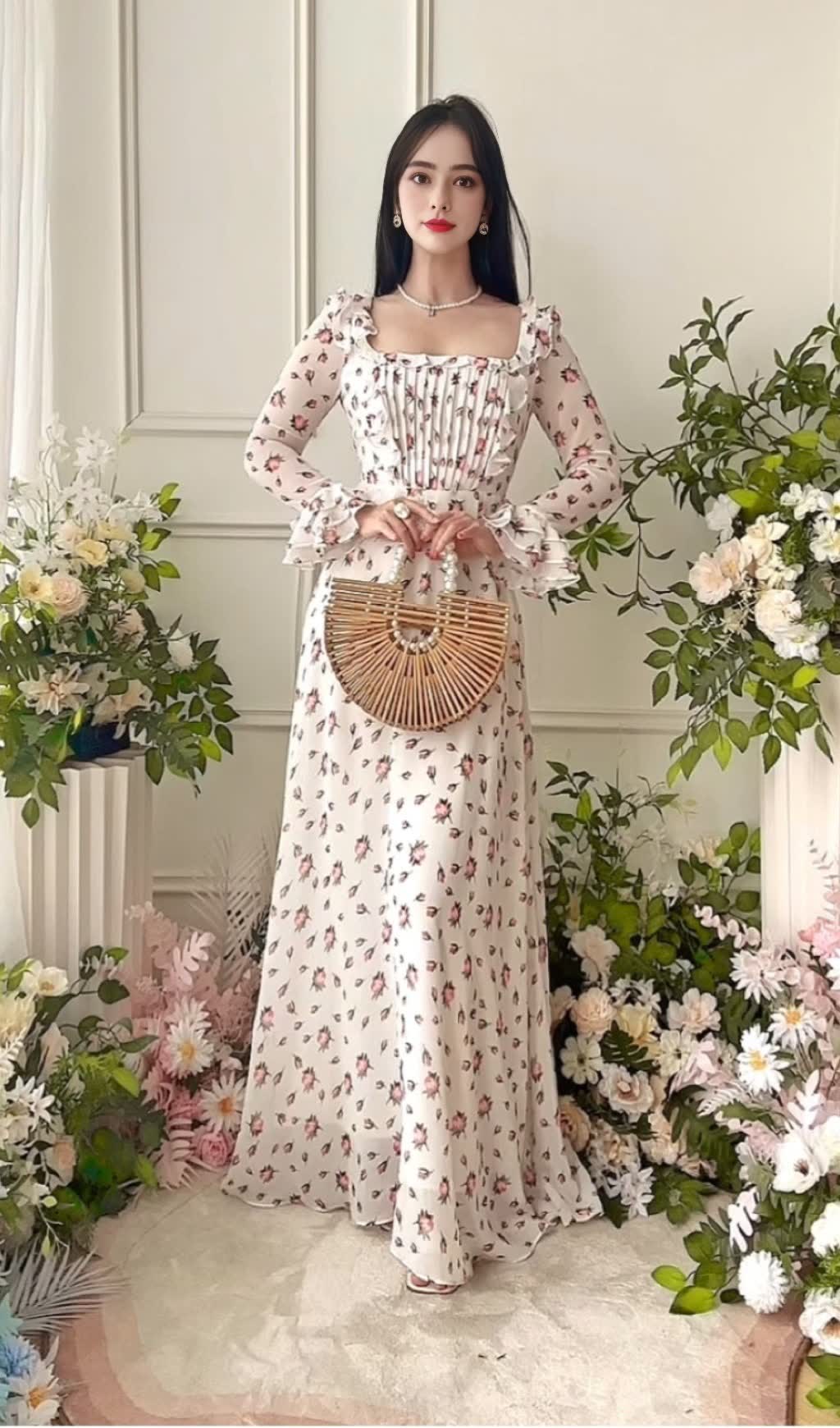 WHITE FLORAL RUFFLED MAXI DRESS WITH SQUARE NECKLINE