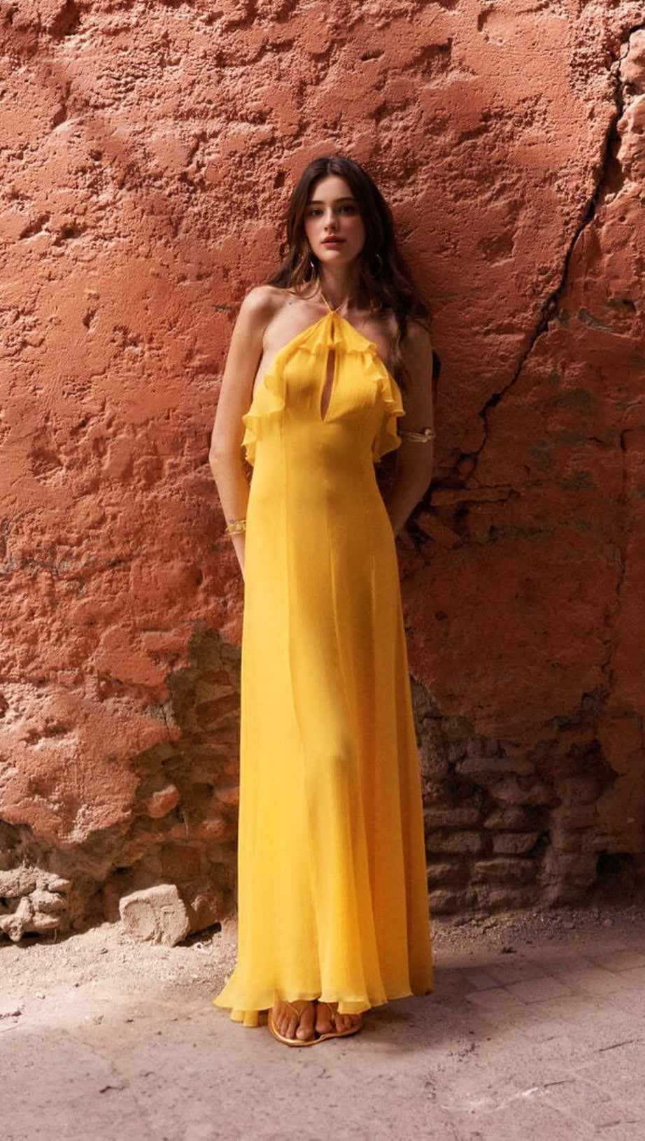 YELLOW HALTER NECK RUFFLED CHIFFON MAXI DRESS