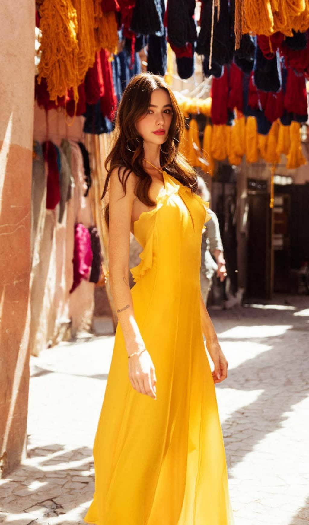 YELLOW HALTER NECK RUFFLED CHIFFON MAXI DRESS