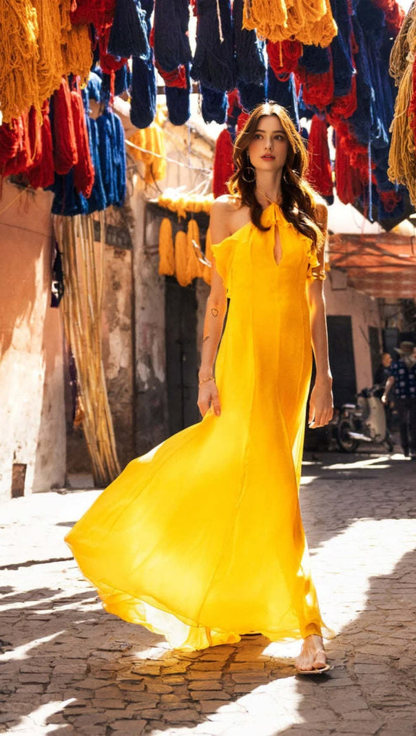 AIIZIE YELLOW HALTER NECK RUFFLED CHIFFON MAXI DRESS - product image
