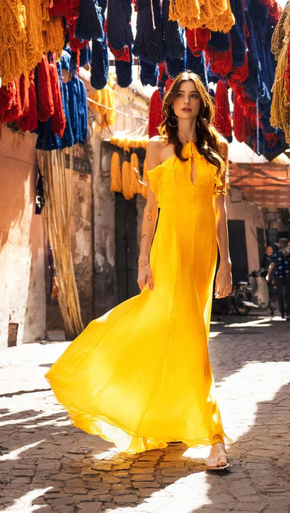 YELLOW HALTER NECK RUFFLED CHIFFON MAXI DRESS