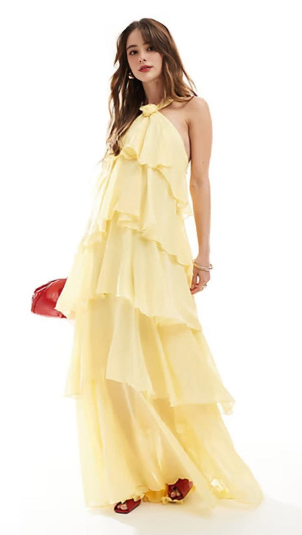AIIZIE BEIGE TIERED HALTER NECK CHIFFON MAXI DRESS - product image