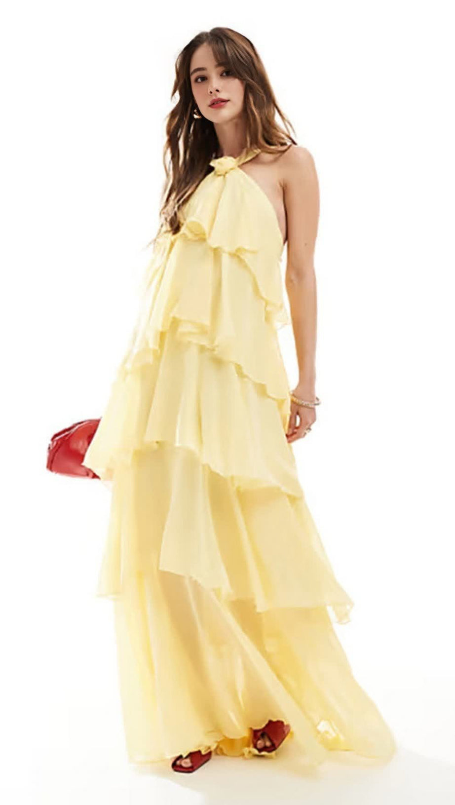 BEIGE TIERED HALTER NECK CHIFFON MAXI DRESS