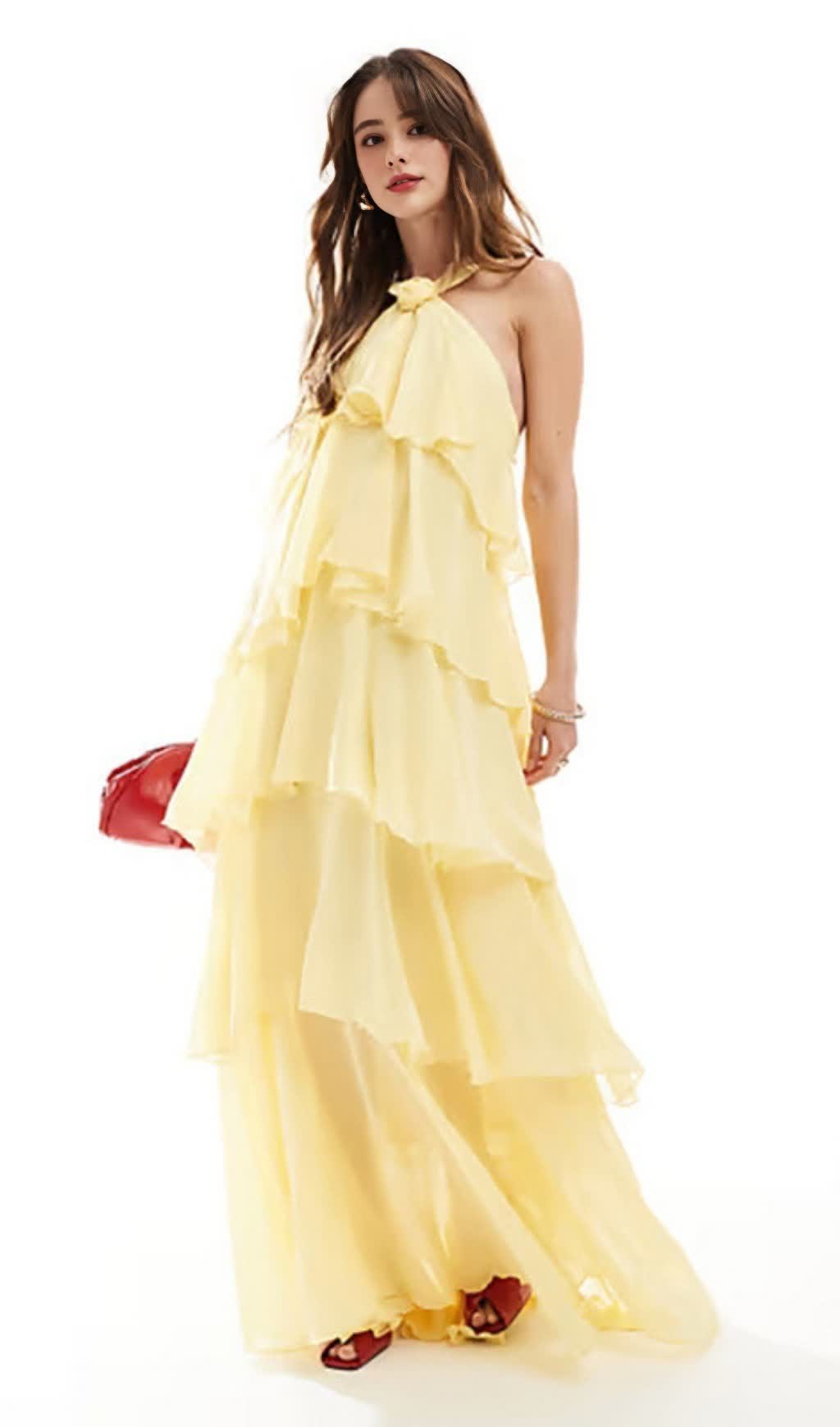 BEIGE TIERED HALTER NECK CHIFFON MAXI DRESS