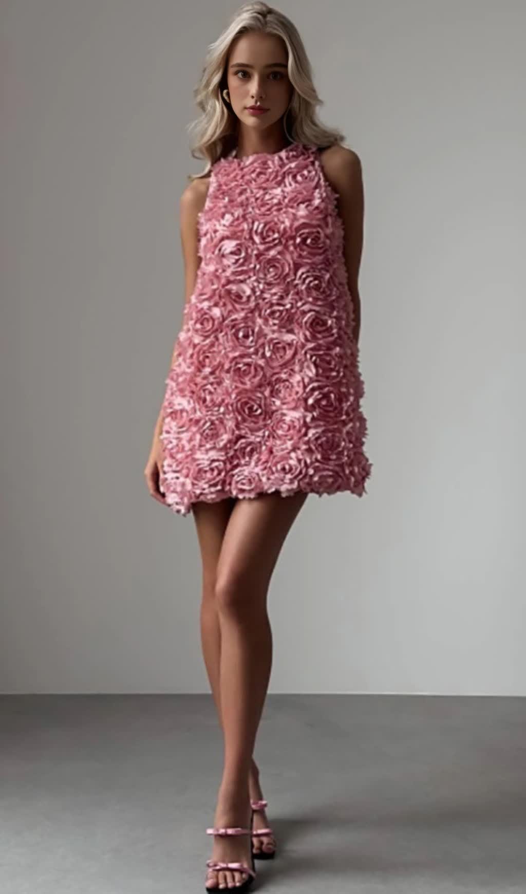 Rosa ärmelloses Minikleid mit 3D-Blumenmuster 