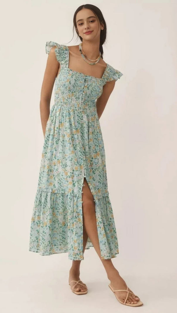 AIIZIE BLUE FLORAL RUFFLED SQUARE NECK MIDI DRESS - product image