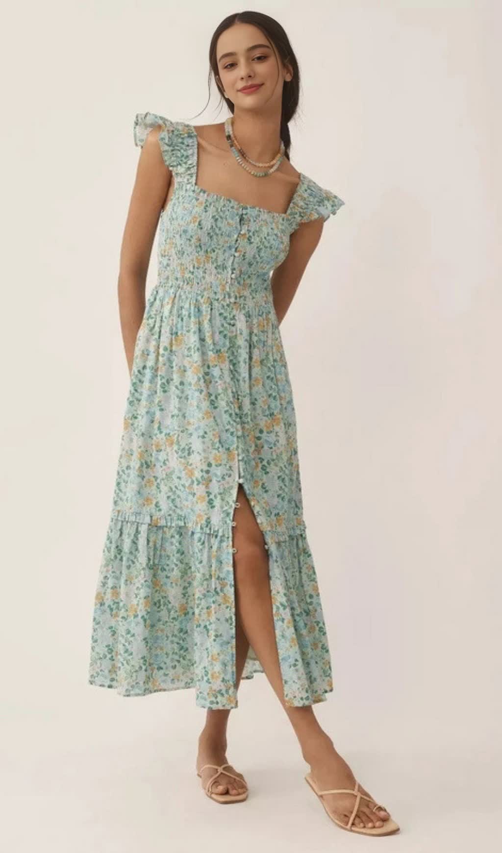 Blaues Midikleid mit Blumenmuster und Rüschen und quadratischem Ausschnitt 