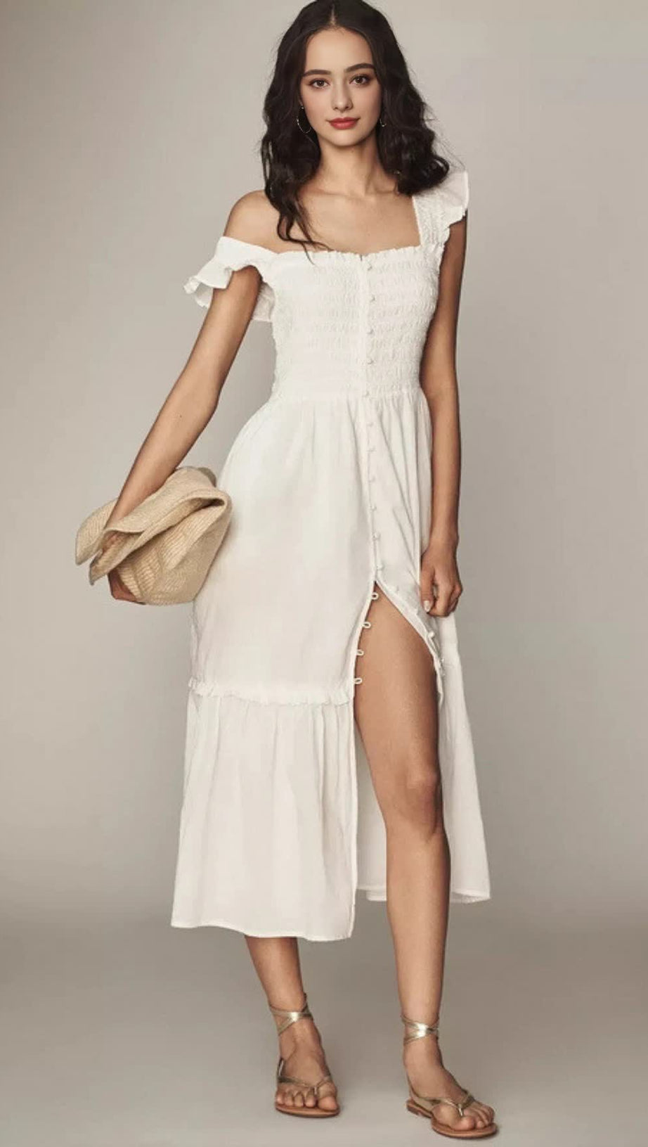 Weißes Midikleid mit Blumenmuster und Rüschen und quadratischem Ausschnitt 