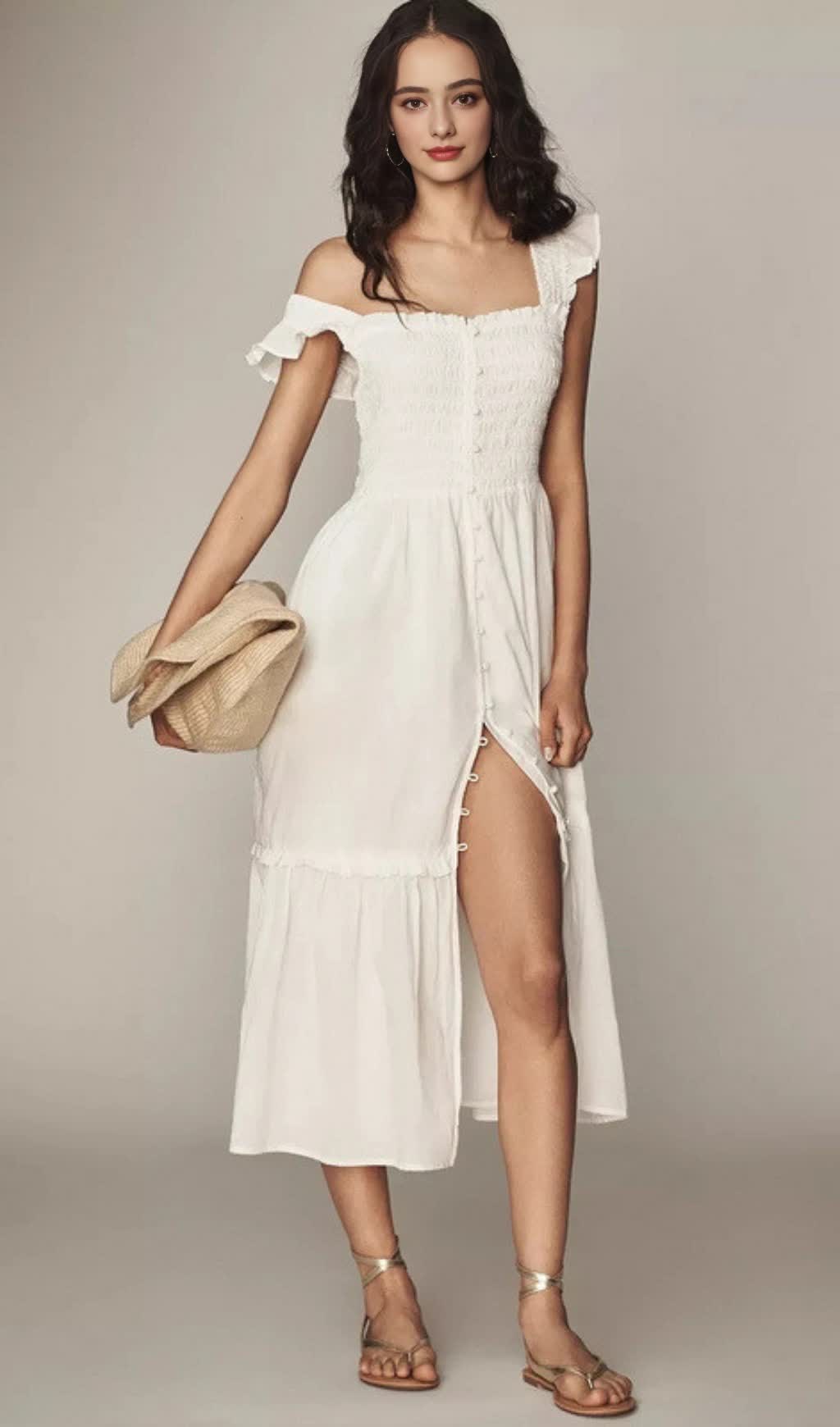 Weißes Midikleid mit Blumenmuster und Rüschen und quadratischem Ausschnitt 