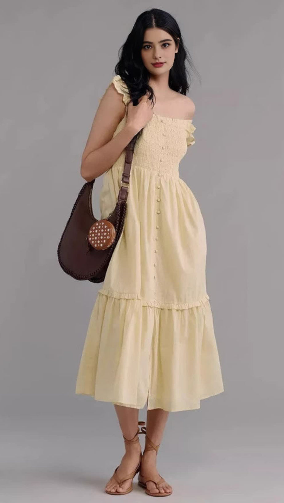 Gelbes Midikleid mit Blumenmuster und Rüschen und quadratischem Ausschnitt 