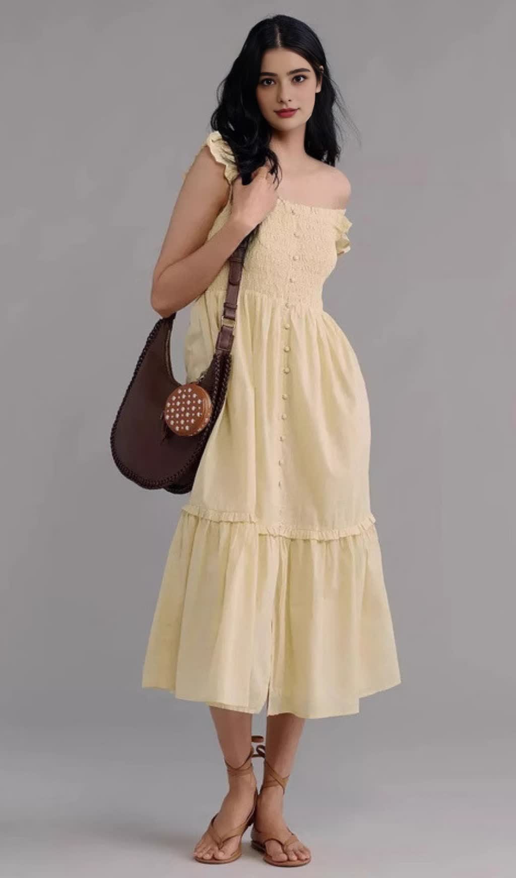 ABITO MIDI CON SCOLLO QUADRATO E VOLANT A FLOREALE GIALLO