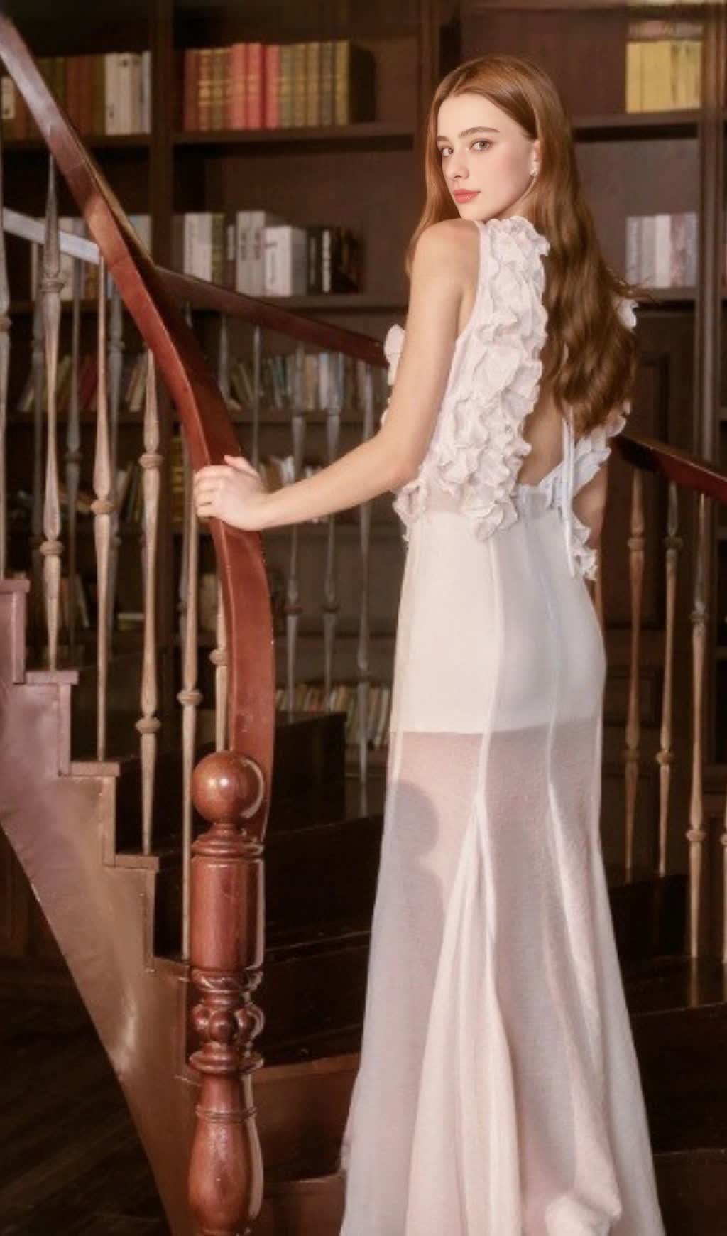 ABITO LUNGO TRASPARENTE CON SCOLLO PROFONDO E VOLANT BIANCO