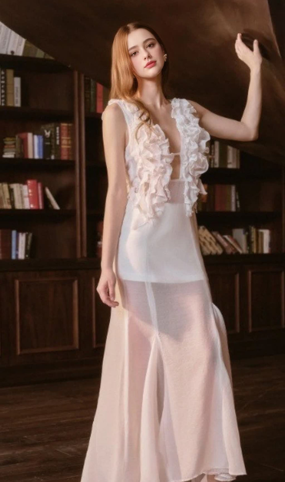 White Ruffled Plunge Neck Sheer Maxi Dress