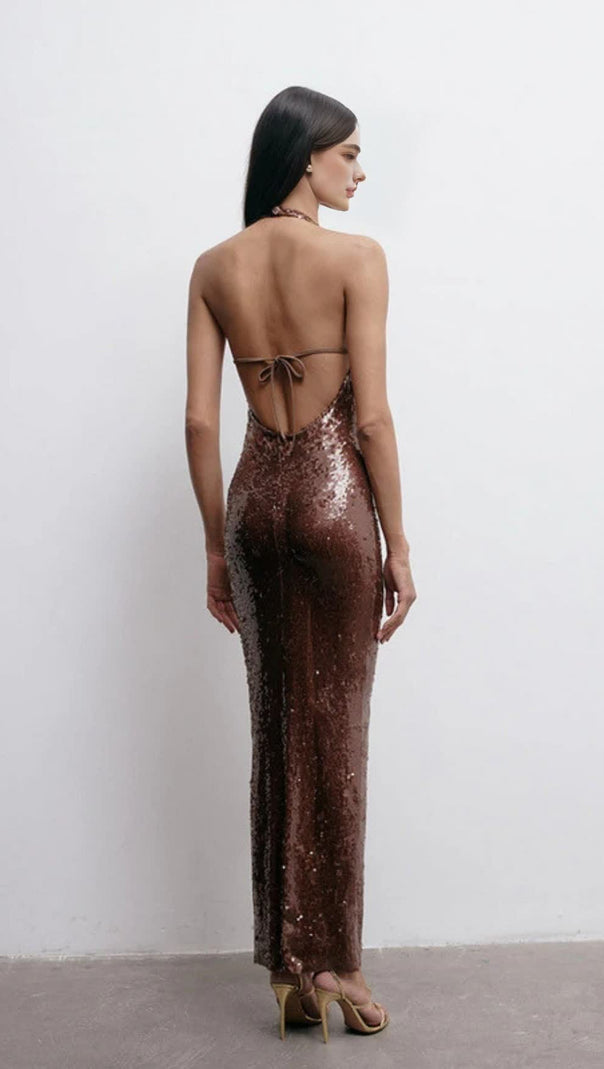 AIIZIE BROWN SEQUIN HALTER NECK BODYCON MIDI DRESS - product image