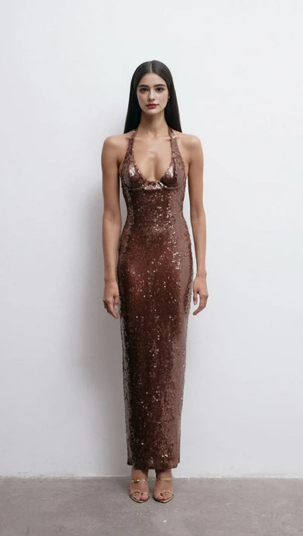 AIIZIE BROWN SEQUIN HALTER NECK BODYCON MIDI DRESS - product image