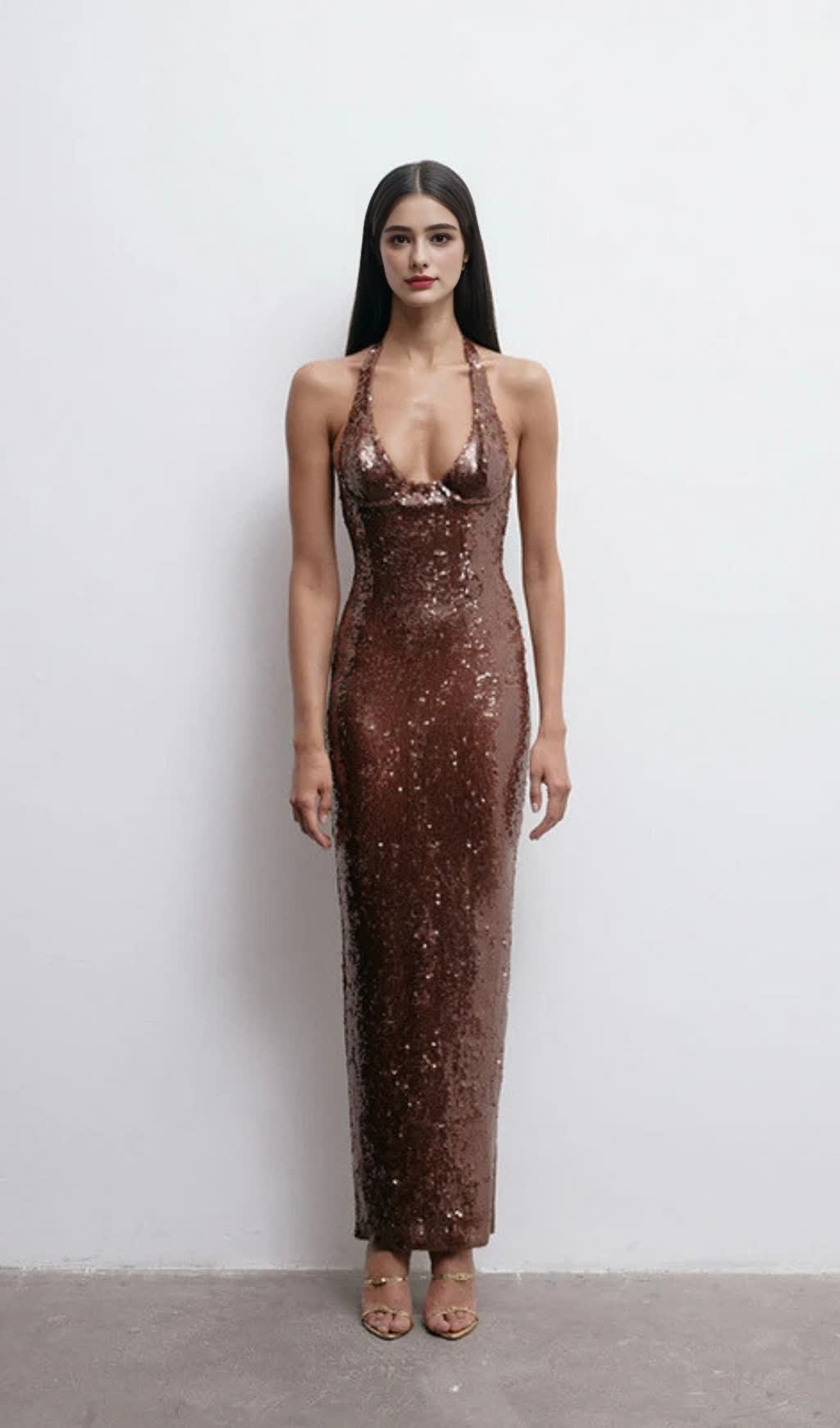 Braunes, figurbetontes Midikleid mit Neckholder und Pailletten 