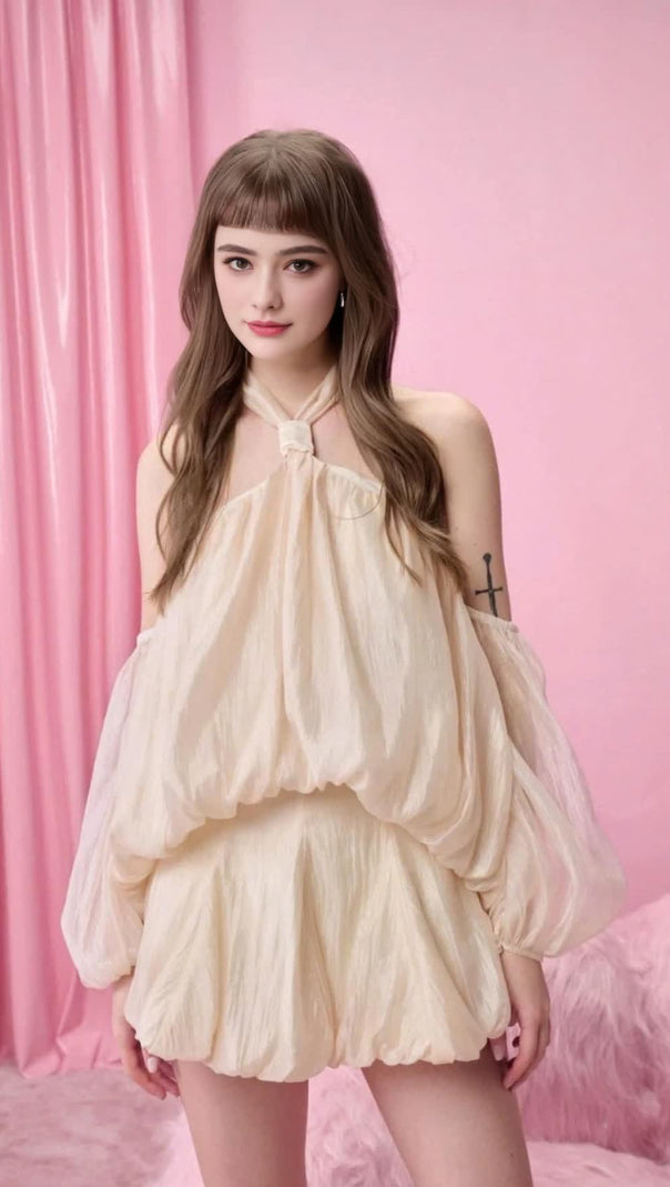 AIIZIE BEIGE HALTER NECK OFF - SHOULDER SHEER MINI DRESS - product image