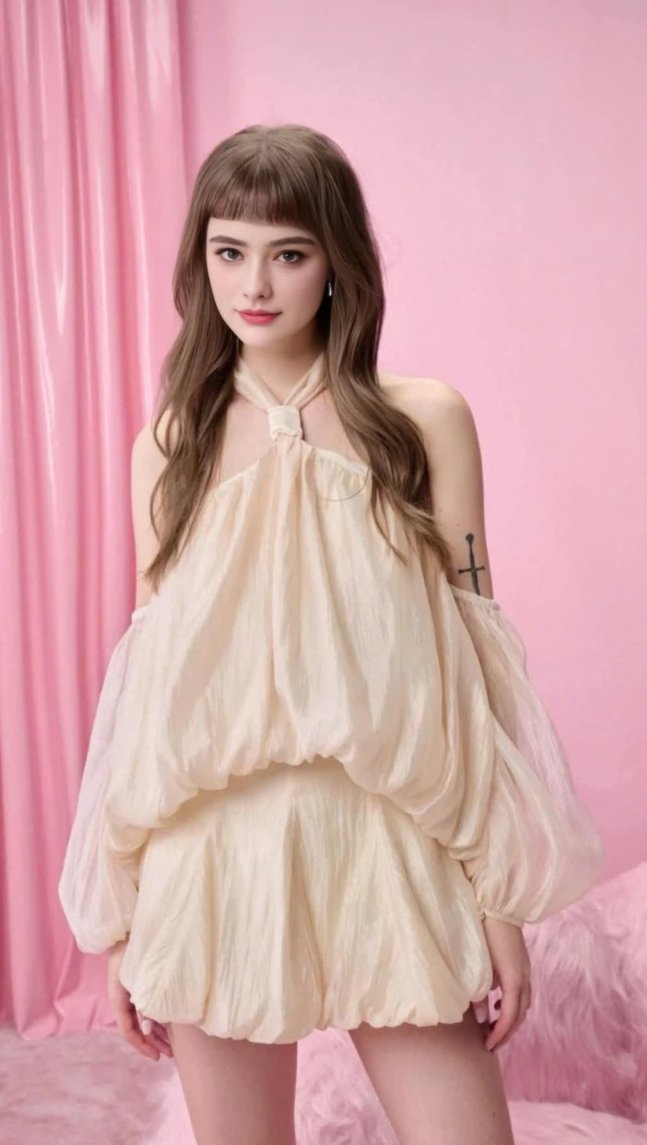 Beiges, schulterfreies, transparentes Minikleid mit Neckholder 