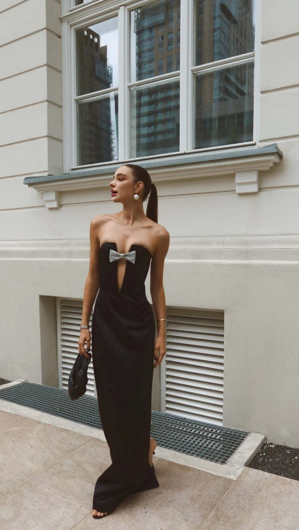 AIIZIE BLACK STRAPLESS BOW - ACCENT MAXI DRESS - product image