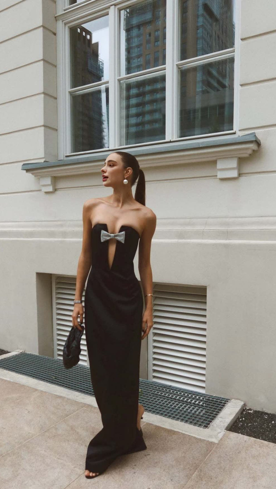 BLACK STRAPLESS BOW - ACCENT MAXI DRESS