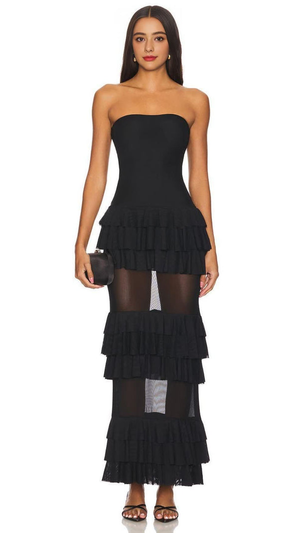 AIIZIE BLACK STRAPLESS TIERED RUFFLE MESH MIDI DRESS - product image