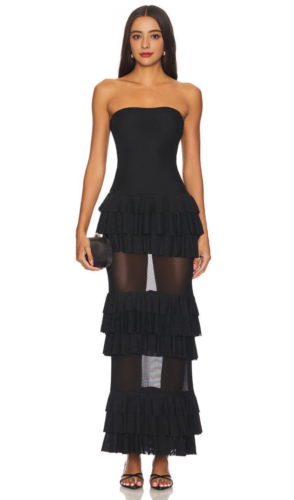 Schwarzes trägerloses Midikleid aus gestuftem Rüschennetz 