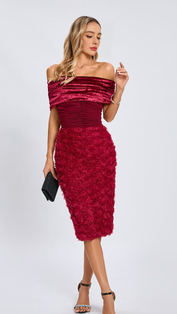 AIIZIE RED VELVET OFF - SHOULDER FLORAL APPLIQUE MIDI DRESS - product image