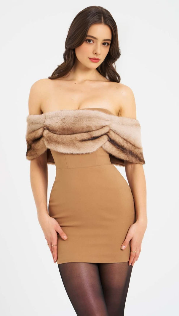 AIIZIE BROWN OFF - SHOULDER FAUX FUR TRIM BODYCON DRESS - product image