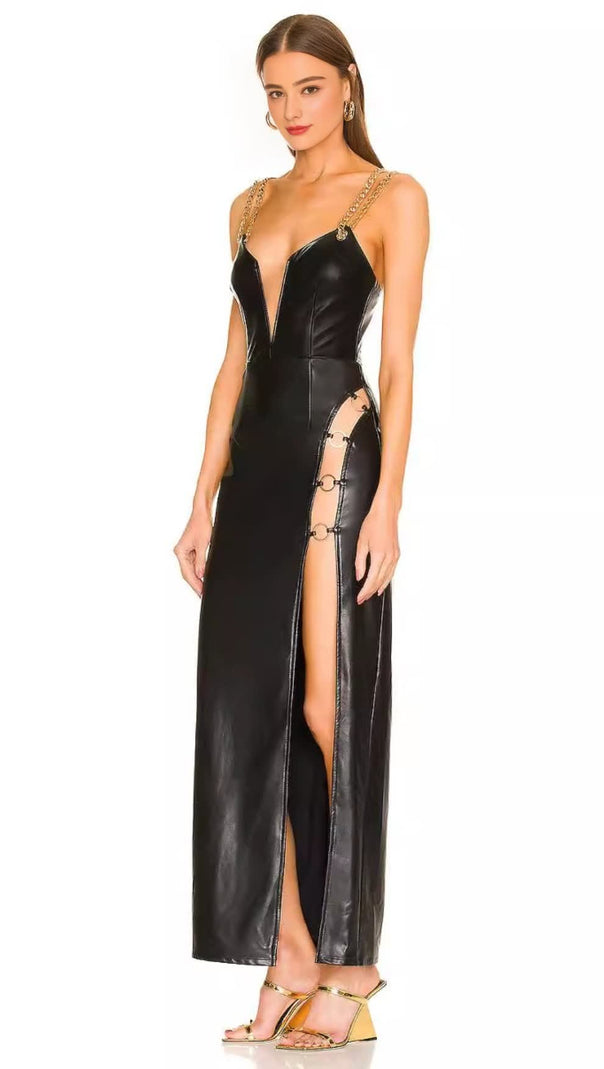 AIIZIE BLACK FAUX LEATHER CHAIN - STRAP MAXI DRESS - product image