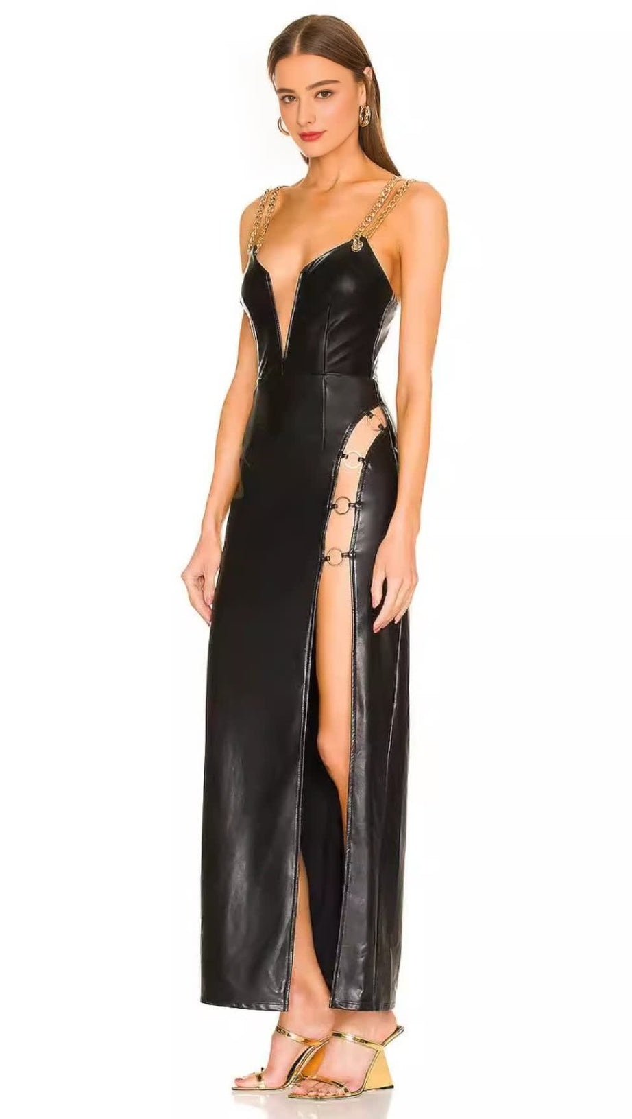 BLACK FAUX LEATHER CHAIN - STRAP MAXI DRESS