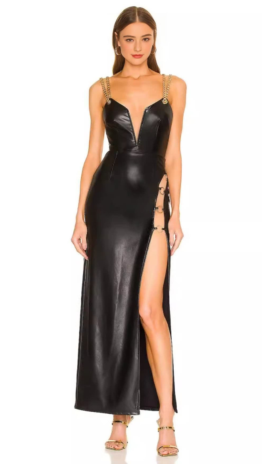 BLACK FAUX LEATHER CHAIN - STRAP MAXI DRESS