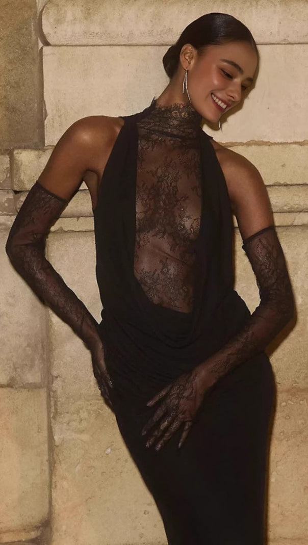 AIIZIE BLACK HALTER NECK LACE - BACK MAXI DRESS WITH GLOVES - product image