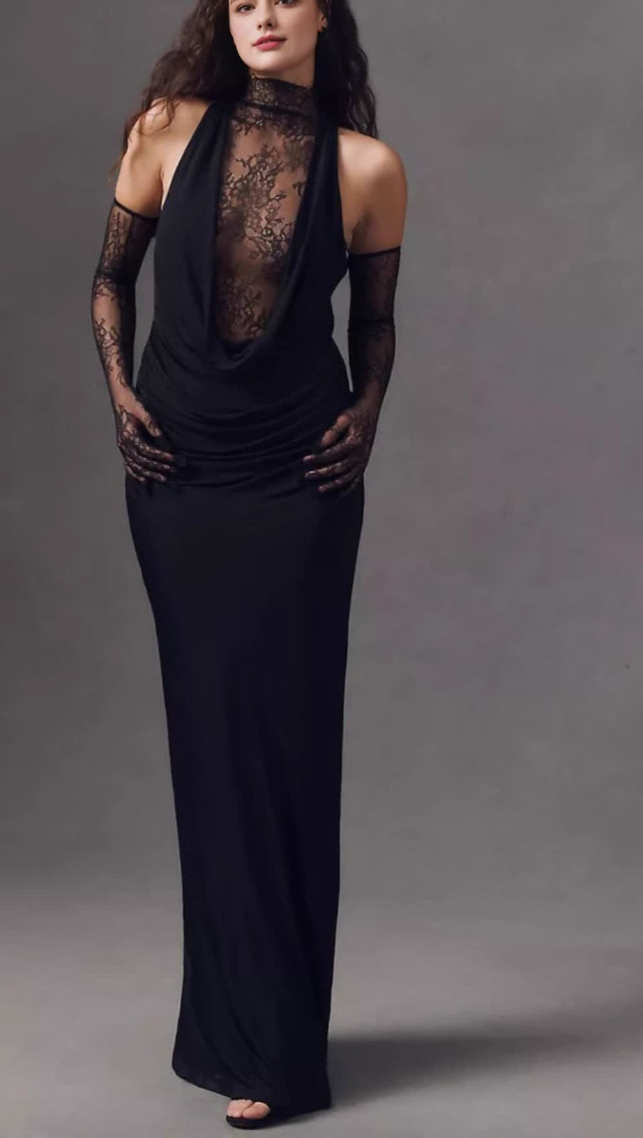 BLACK HALTER NECK LACE - BACK MAXI DRESS WITH GLOVES