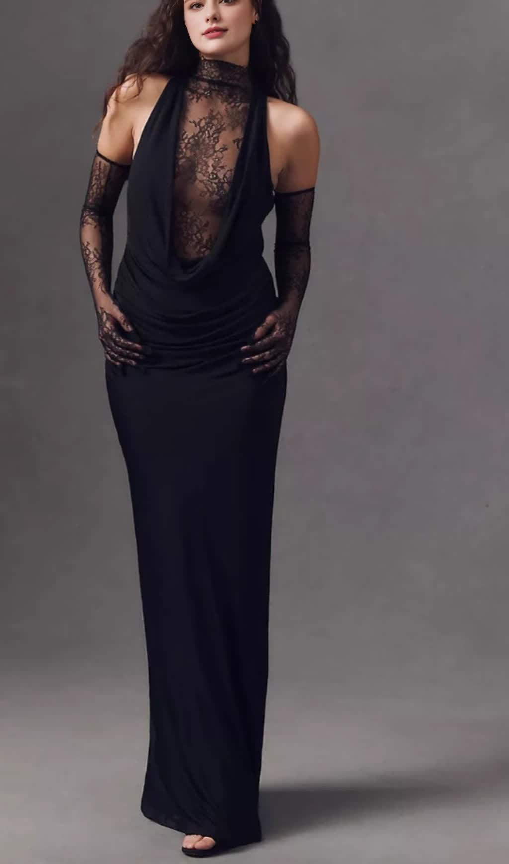BLACK HALTER NECK LACE - BACK MAXI DRESS WITH GLOVES