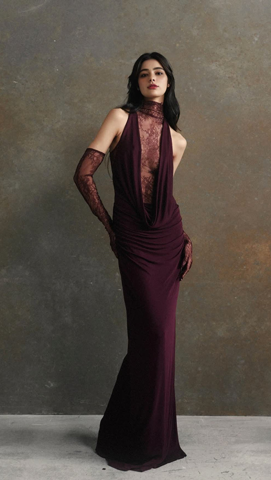 PURPLE RED HALTER NECK LACE - BACK MAXI DRESS WITH GLOVES