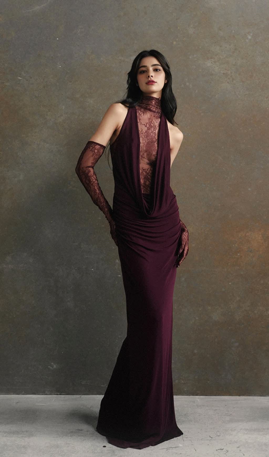 PURPLE RED HALTER NECK LACE - BACK MAXI DRESS WITH GLOVES
