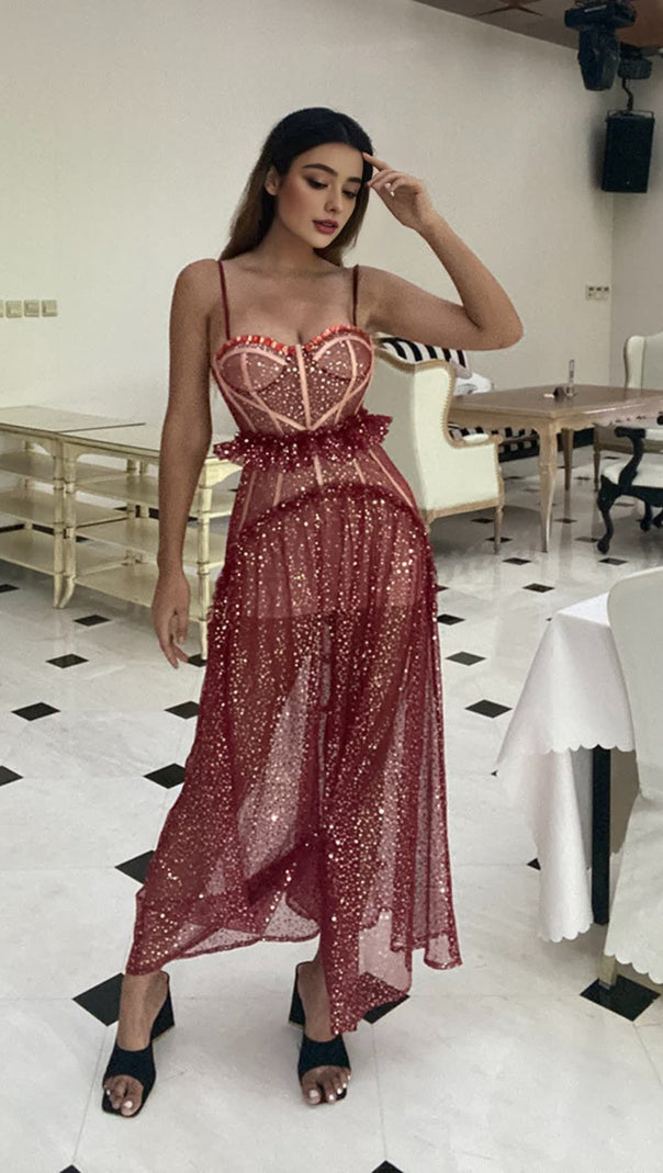 AIIZIE RED SHEER SEQUINED CORSET - STYLE MIDI DRESS - product image