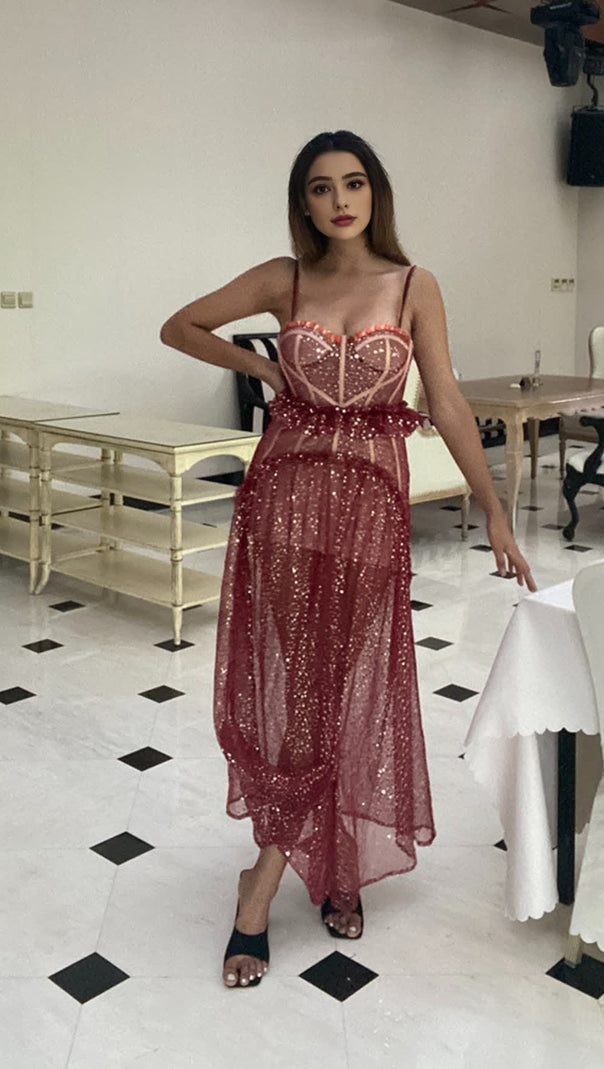 AIIZIE RED SHEER SEQUINED CORSET - STYLE MIDI DRESS - product image