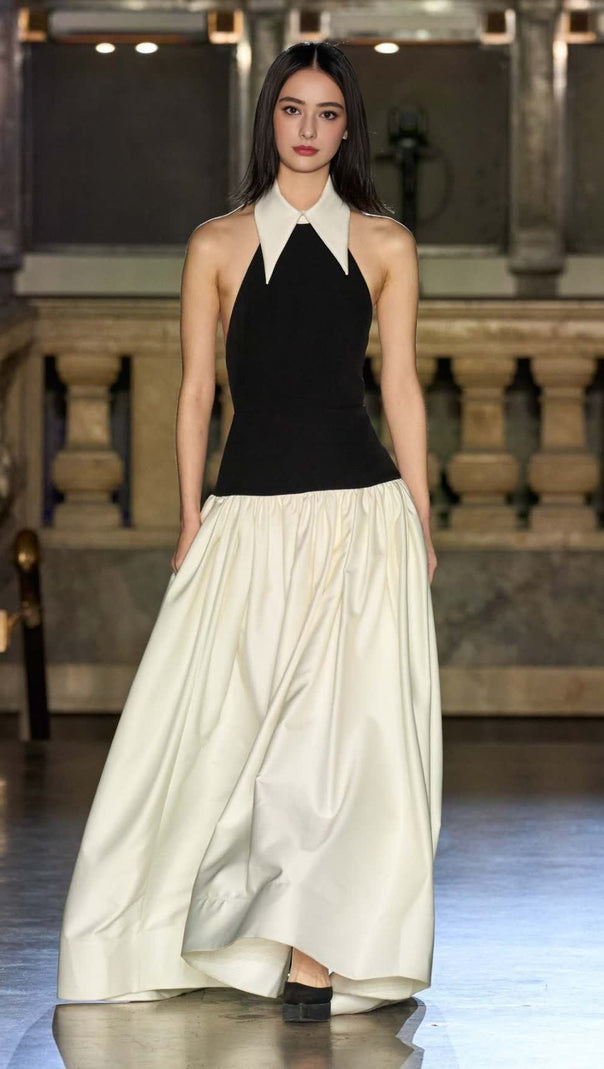 AIIZIE BLACK AND WHITE HALTER NECK COLLARED MAXI DRESS - product image