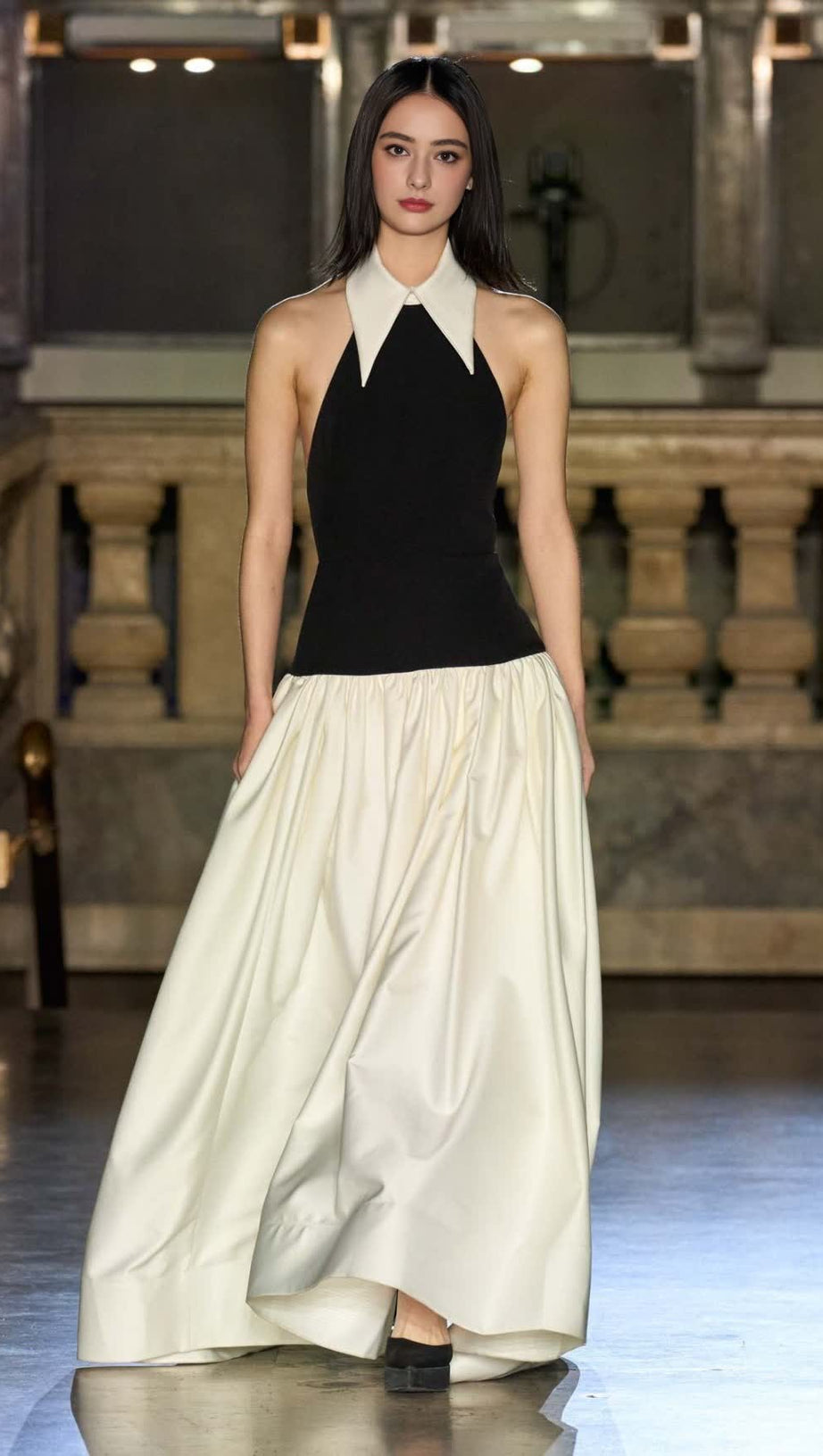 BLACK AND WHITE HALTER NECK COLLARED MAXI DRESS