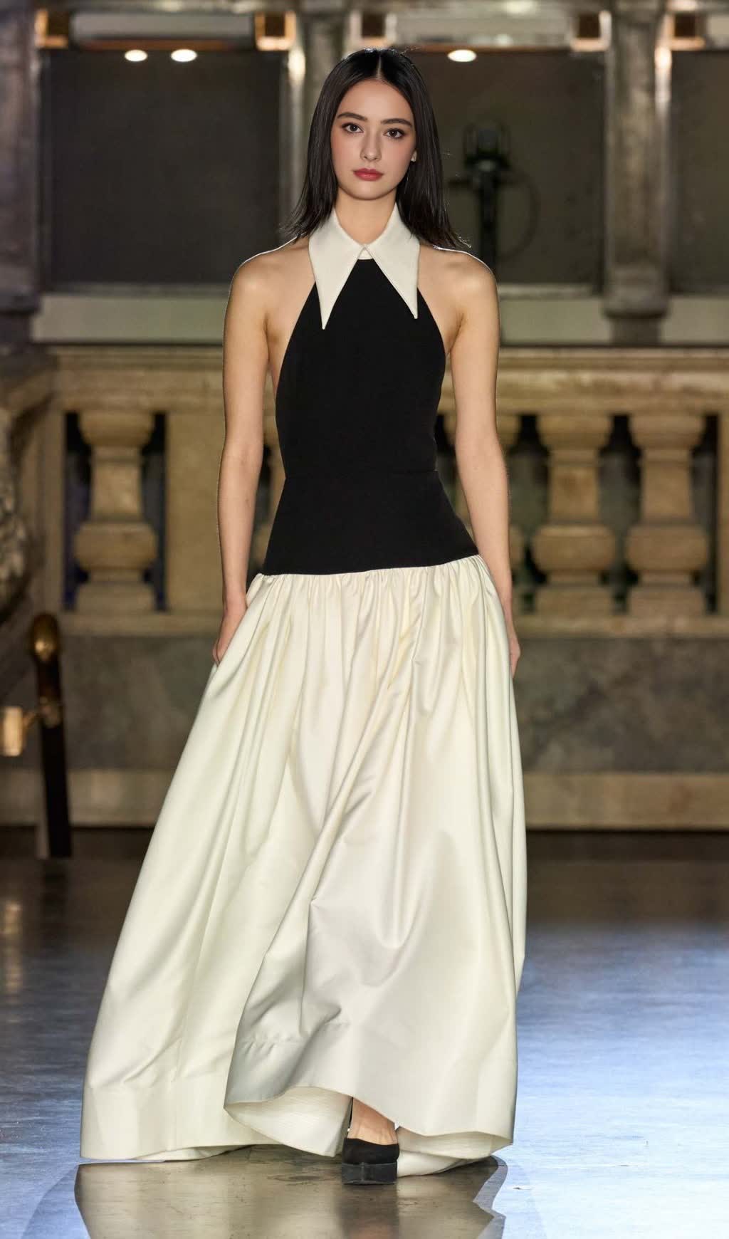 BLACK AND WHITE HALTER NECK COLLARED MAXI DRESS