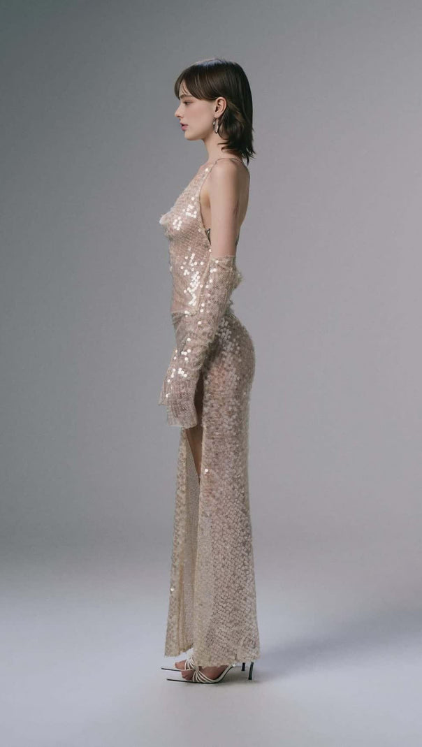 AIIZIE SEQUIN MESH CROSS - STRAP MIDI DRESS WITH GLOVES - product image