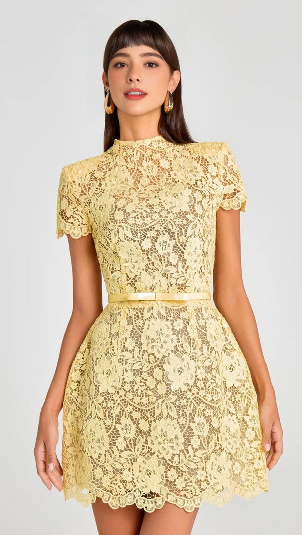 AIIZIE HOLLOW LACE BOW BELT MINI DRESS IN YELLOW - product image