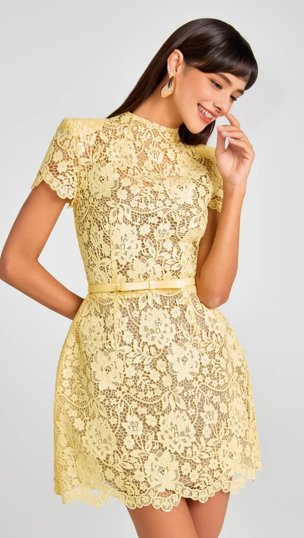 AIIZIE HOLLOW LACE BOW BELT MINI DRESS IN YELLOW - product image