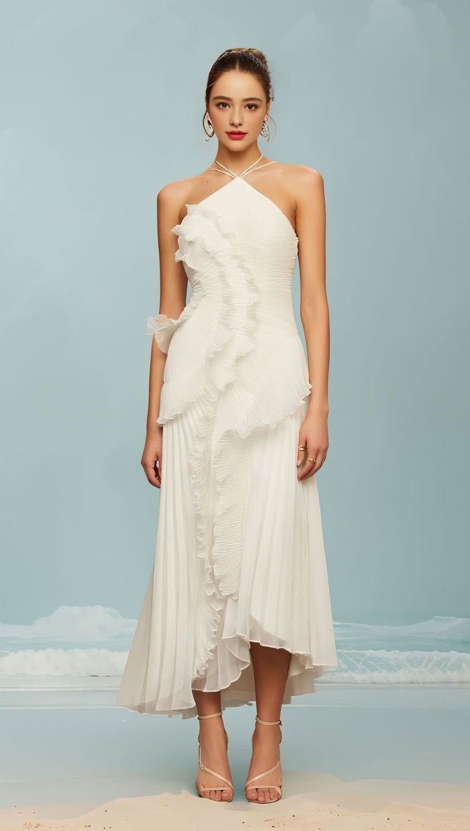 ALVA SLEEVELESS FOLDS SLIT MAXI DRESS IN LIGHT WHITE