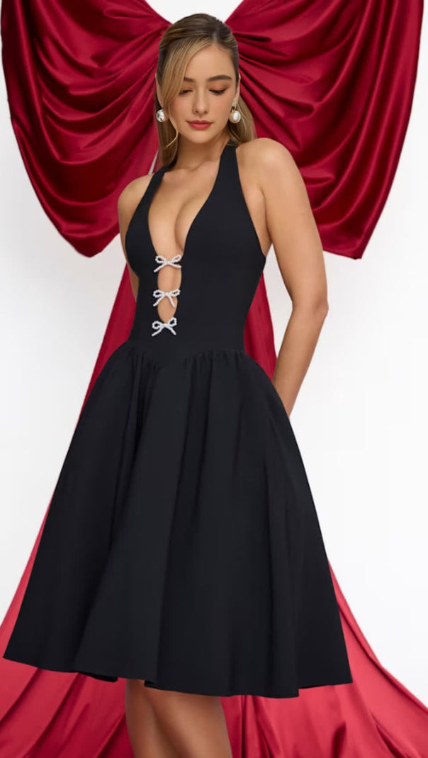 AIIZIE HALTER NECK BOW - LACE UP FLARED MIDI DRESS IN BLACK - product image