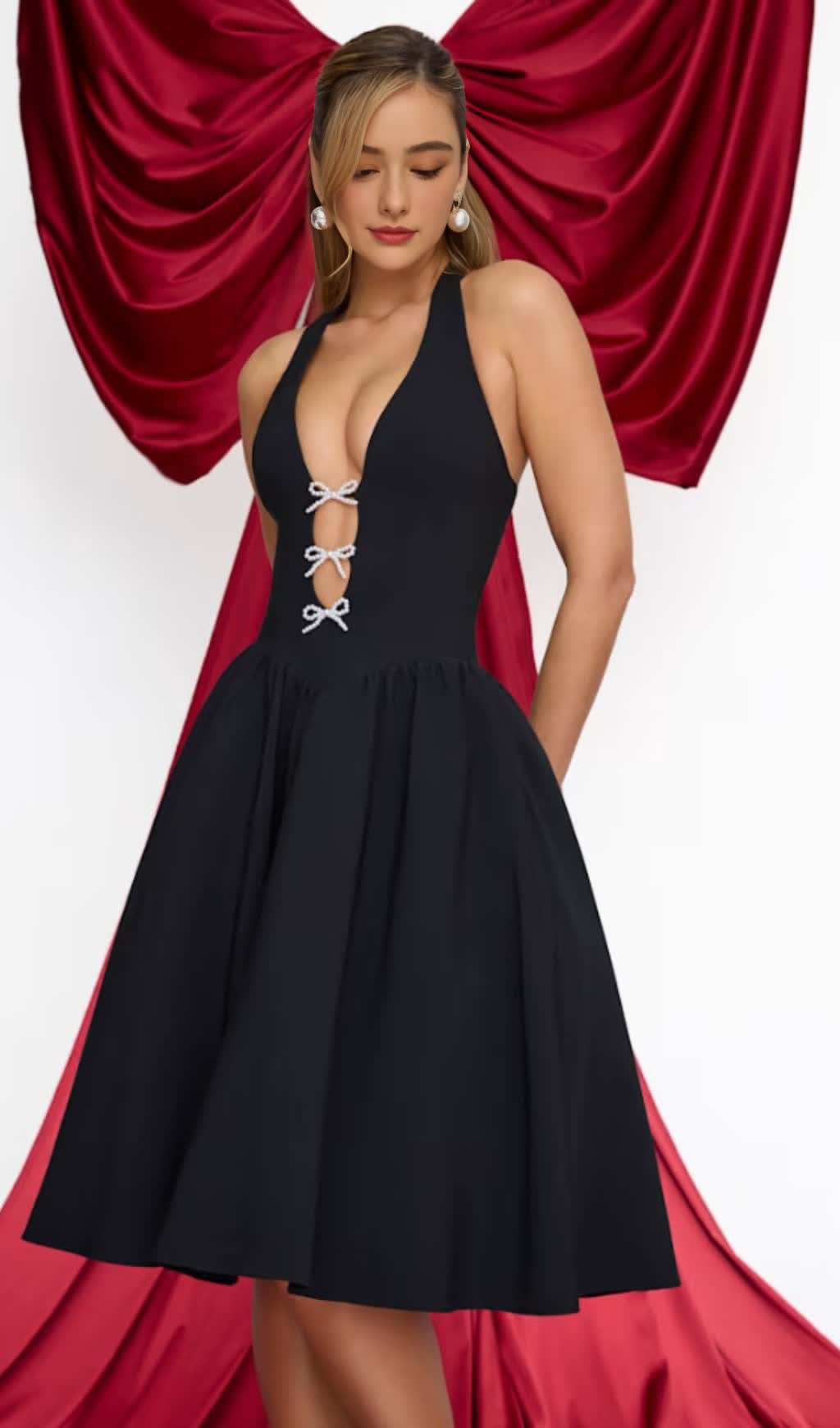 ABITO MIDI SVASATO CON FIOCCO E COLLO ALL'APERTO IN NERO