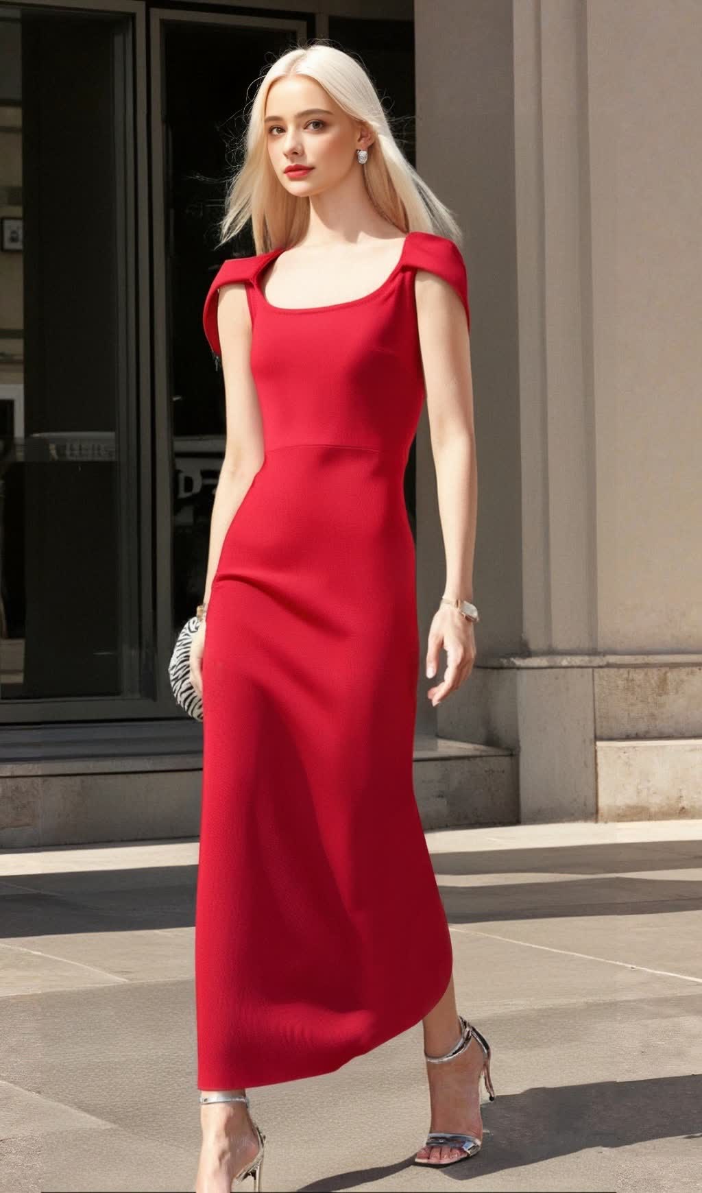 ABITO MIDI ADERENTE CON SCOLLO QUADRATO E MANICHE A CAPPUCCIO IN ROSSO